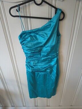Jax Teal One-Shoulder Ruched Satin Dress Size 4